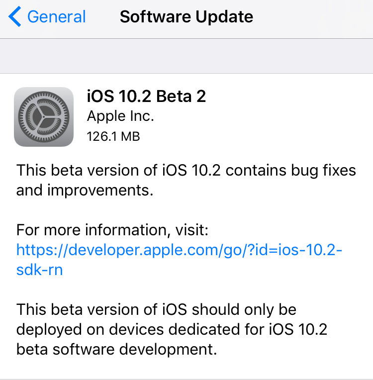 iOS 10.2 Beta 2 OTA